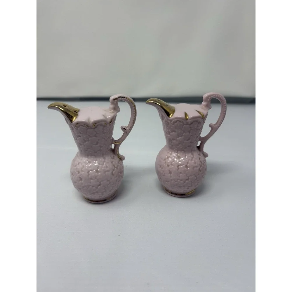 Vintage Pink Gold Pitcher Case Salt & Pepper Shakers 1950's Wooden Cork MCM